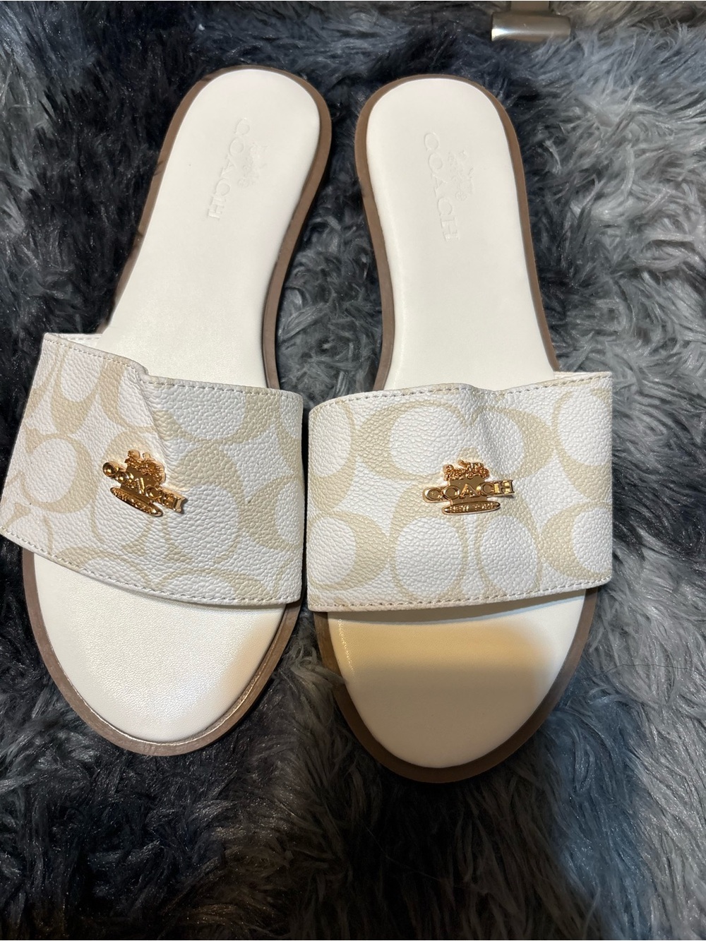Coach Cream and White Signature Slide Sandals with Gold Logo